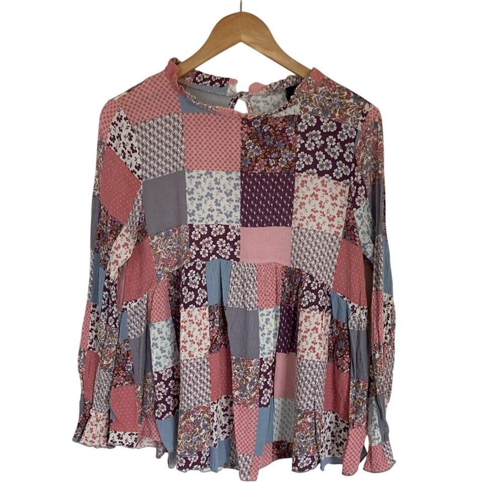 LTX Womens Patchwork Multi Media Top‎ Blouse Size Medium Babydoll Hippie Girly